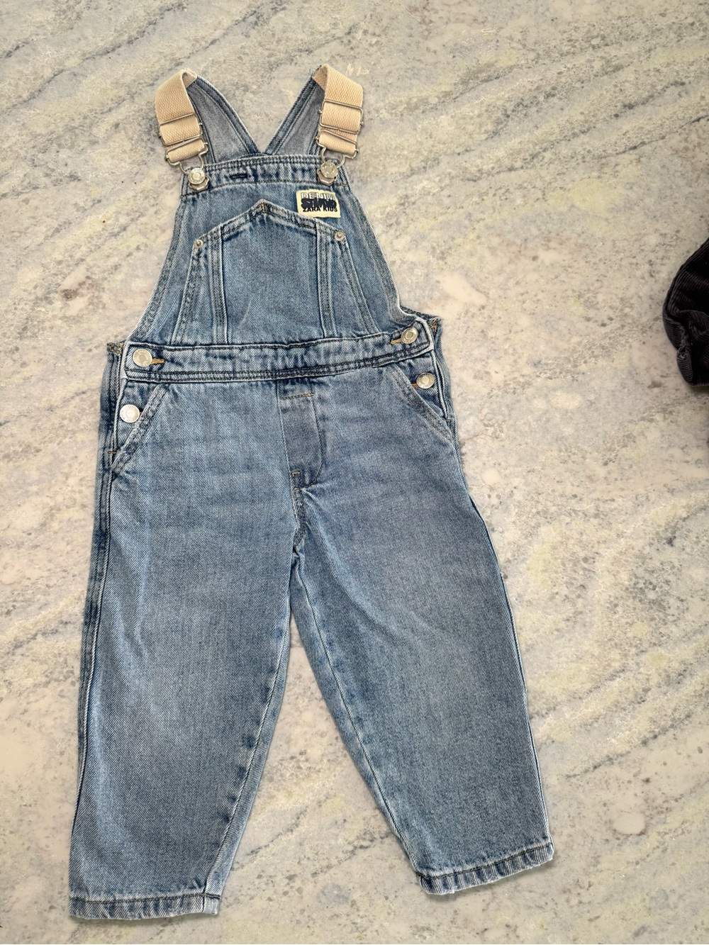 Zara Light Blue Denim Overalls with Tan Straps